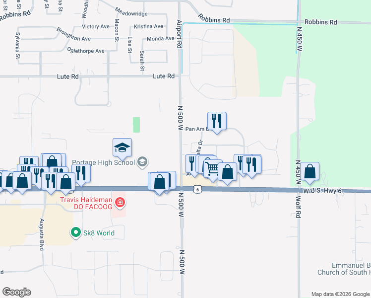 map of restaurants, bars, coffee shops, grocery stores, and more near 3411 North 500 West in Portage