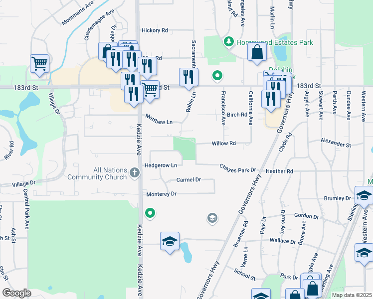 map of restaurants, bars, coffee shops, grocery stores, and more near 3018 Fresno Lane in Homewood
