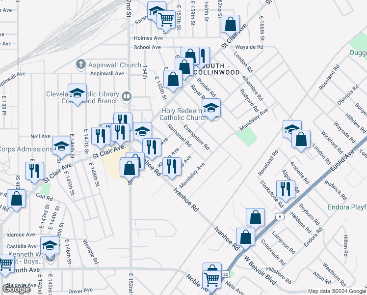 map of restaurants, bars, coffee shops, grocery stores, and more near 15634 Kipling Avenue in Cleveland