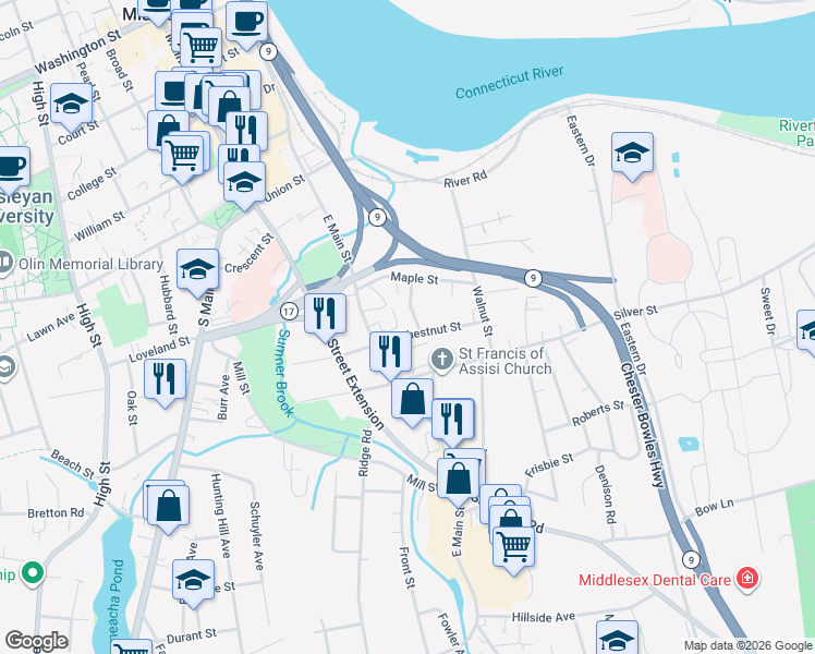 map of restaurants, bars, coffee shops, grocery stores, and more near 54 Chestnut Street in Middletown