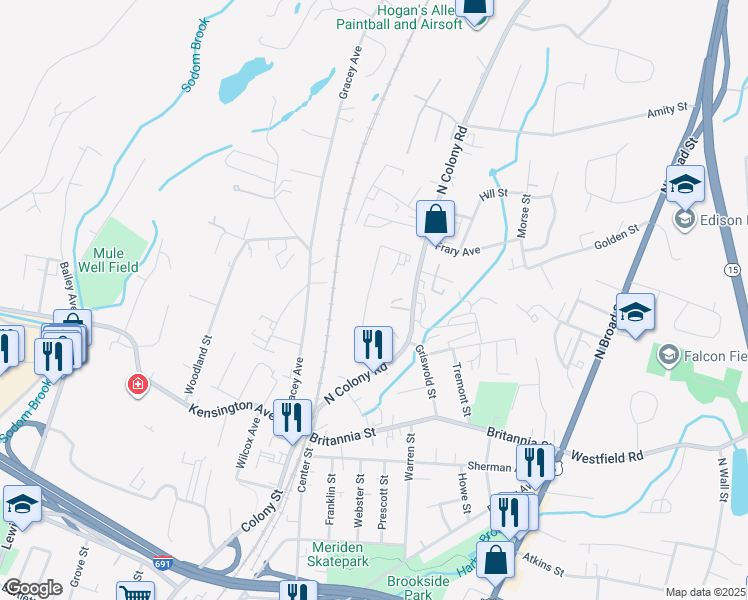 map of restaurants, bars, coffee shops, grocery stores, and more near 93 Hicks Street in Meriden
