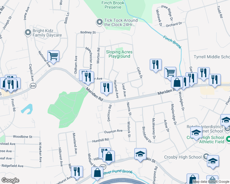 map of restaurants, bars, coffee shops, grocery stores, and more near 29 Harland Avenue in Waterbury