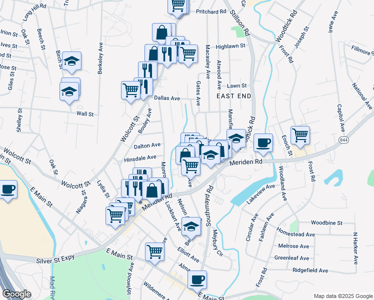 map of restaurants, bars, coffee shops, grocery stores, and more near 119 Store Avenue in Waterbury