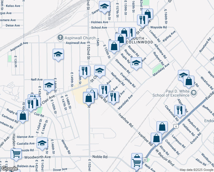 map of restaurants, bars, coffee shops, grocery stores, and more near 15340 Yorick Avenue in Cleveland
