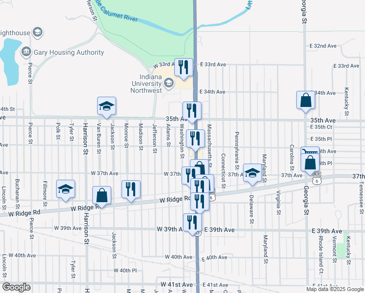 map of restaurants, bars, coffee shops, grocery stores, and more near 3601 Washington Street in Gary
