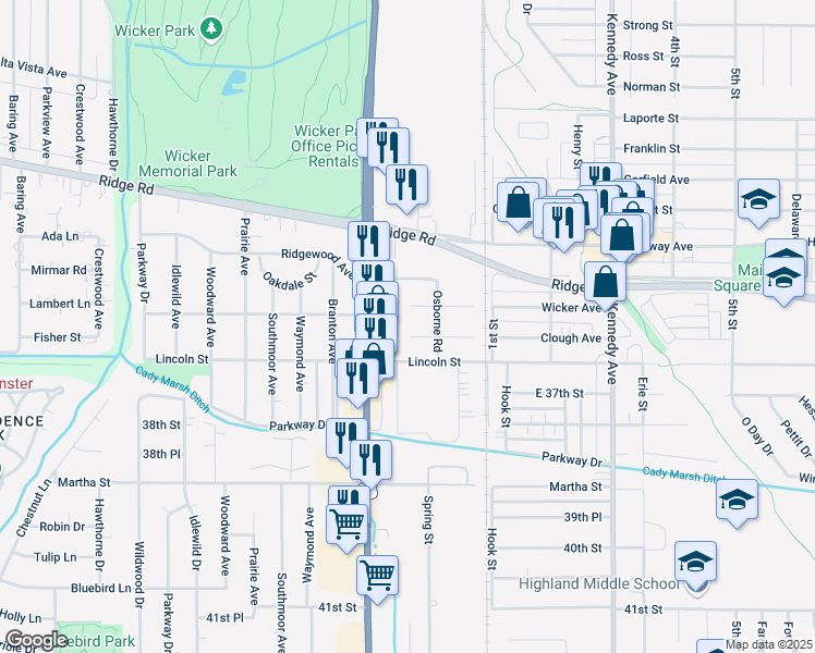 map of restaurants, bars, coffee shops, grocery stores, and more near 2441 Clough Avenue in Highland