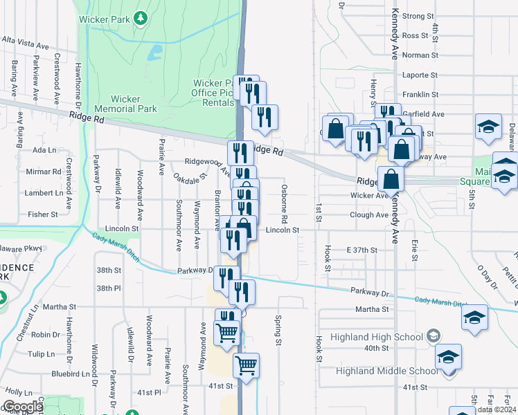 map of restaurants, bars, coffee shops, grocery stores, and more near 2441 Clough Avenue in Highland