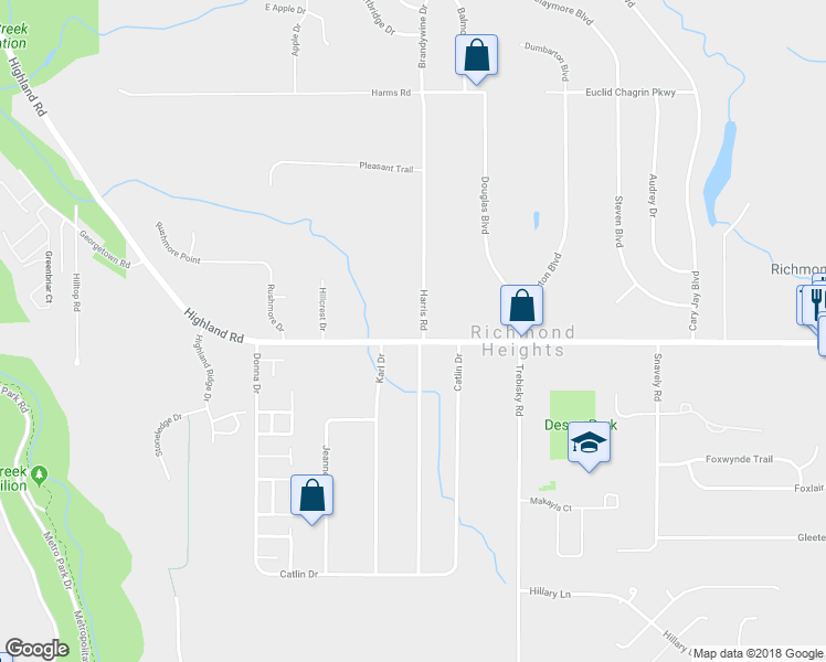 map of restaurants, bars, coffee shops, grocery stores, and more near 25445 Highland Road in Cleveland