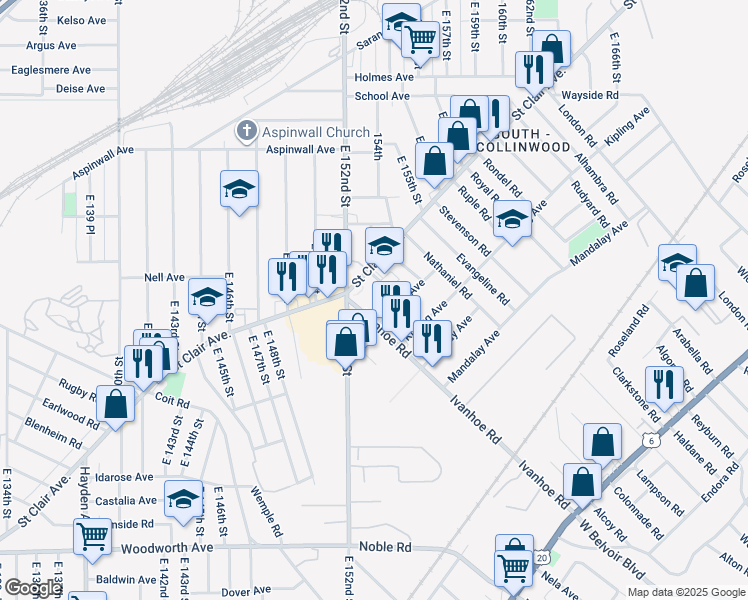 map of restaurants, bars, coffee shops, grocery stores, and more near 15210 Saint Clair Avenue in Cleveland