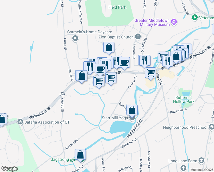 map of restaurants, bars, coffee shops, grocery stores, and more near 835 Washington Street in Middletown