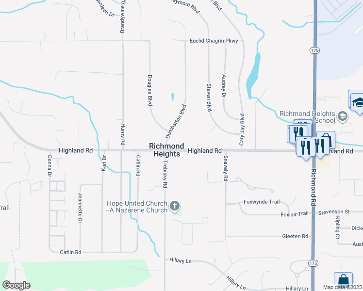 map of restaurants, bars, coffee shops, grocery stores, and more near 25855 Highland Road in Richmond Heights