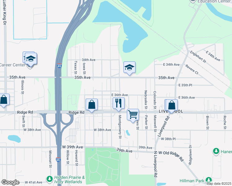 map of restaurants, bars, coffee shops, grocery stores, and more near 2722 East 36th Avenue in Gary