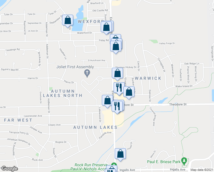 map of restaurants, bars, coffee shops, grocery stores, and more near 1709 Essington Road in Joliet