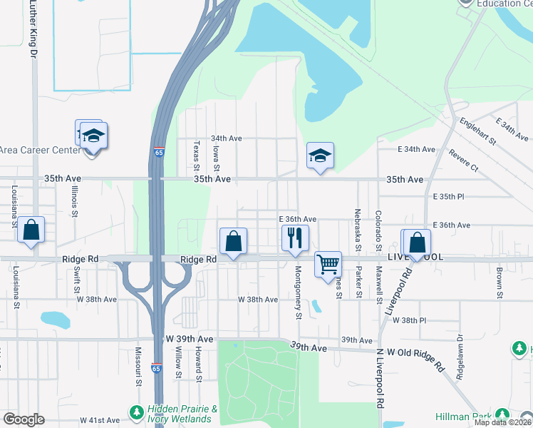 map of restaurants, bars, coffee shops, grocery stores, and more near 2616 E 36th Ave in Gary