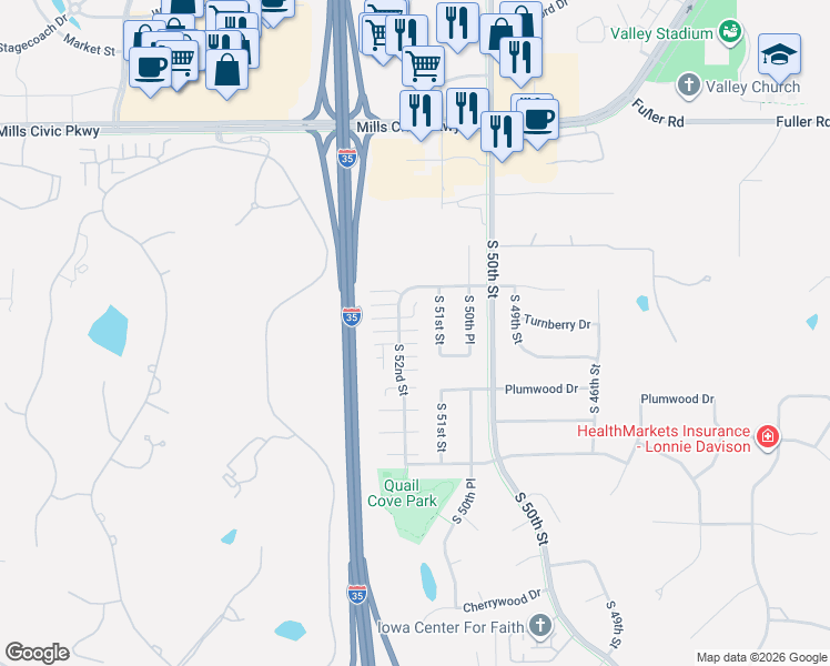 map of restaurants, bars, coffee shops, grocery stores, and more near 1206 South 52nd Street in West Des Moines