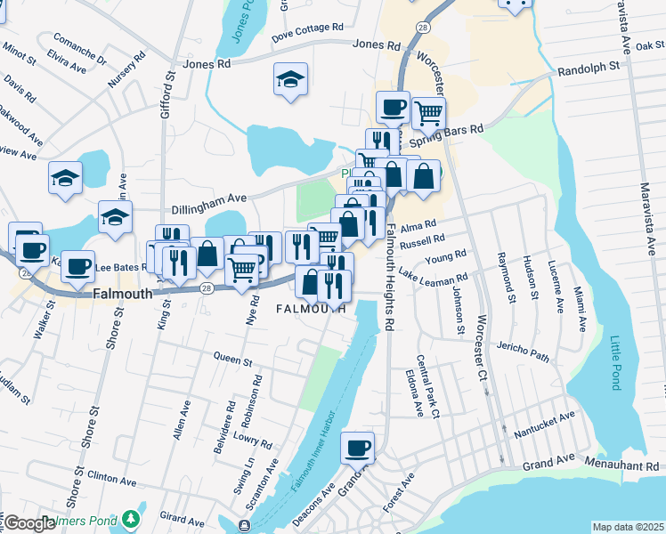 map of restaurants, bars, coffee shops, grocery stores, and more near 719 Main Street in Falmouth