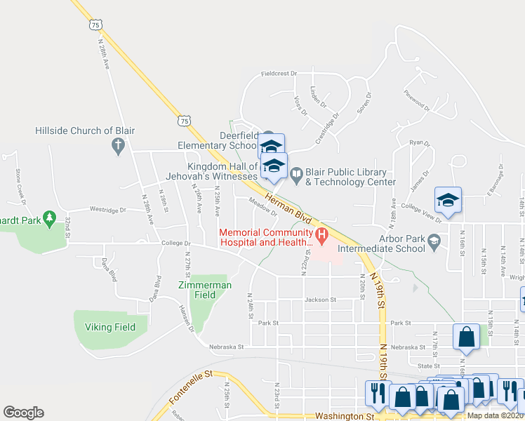map of restaurants, bars, coffee shops, grocery stores, and more near 2247 Meadow Drive in Blair