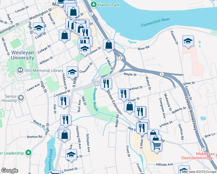 map of restaurants, bars, coffee shops, grocery stores, and more near 108 Main Street Extension in Middletown