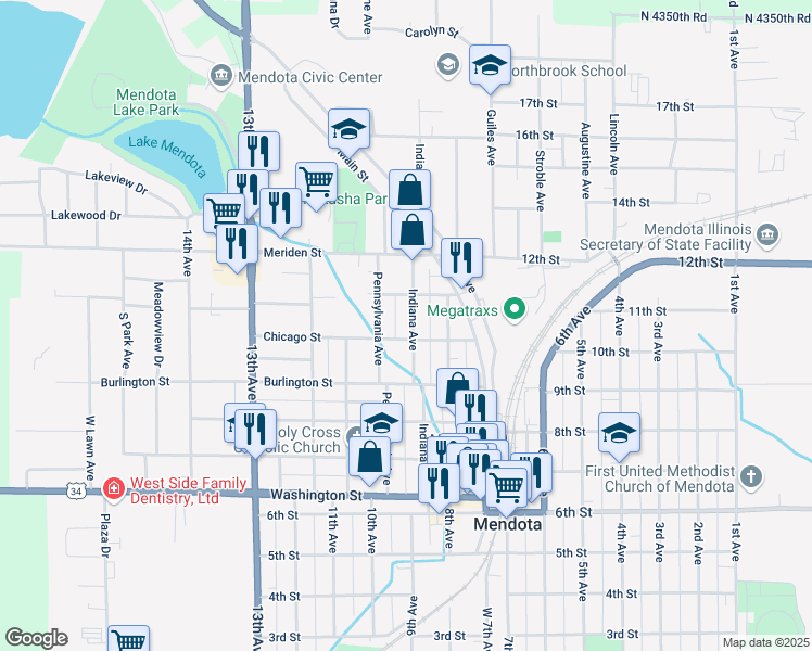 map of restaurants, bars, coffee shops, grocery stores, and more near 810 Chicago Street in Mendota