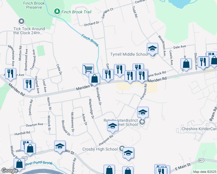 map of restaurants, bars, coffee shops, grocery stores, and more near 1344 Meriden Road in Waterbury