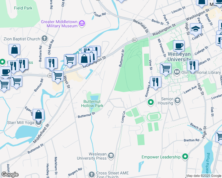 map of restaurants, bars, coffee shops, grocery stores, and more near 179 Butternut Street in Middletown