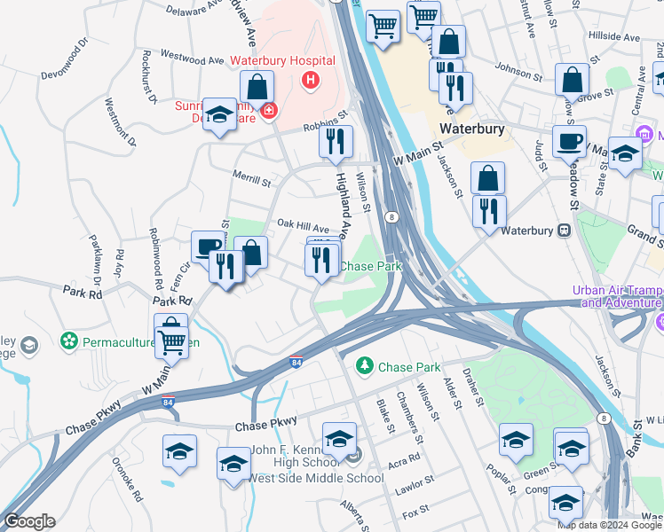 map of restaurants, bars, coffee shops, grocery stores, and more near 137 Highland Avenue in Waterbury