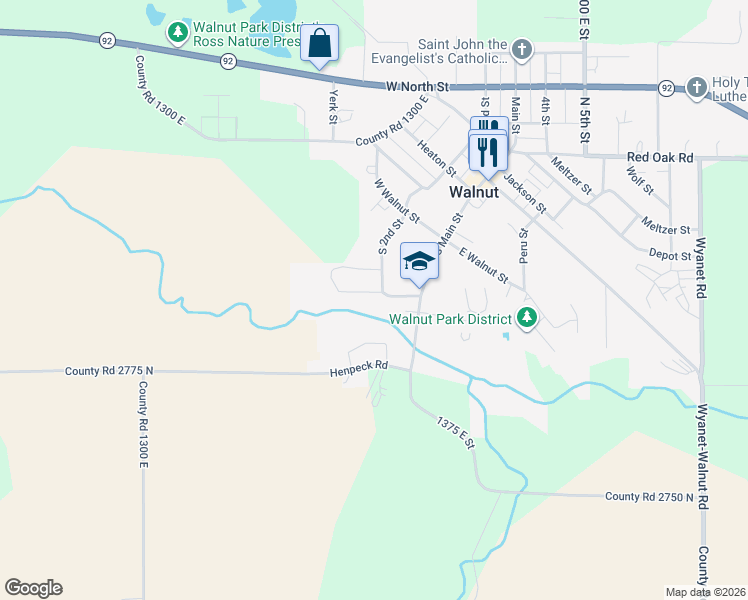 map of restaurants, bars, coffee shops, grocery stores, and more near 303 South 2nd Street in Walnut
