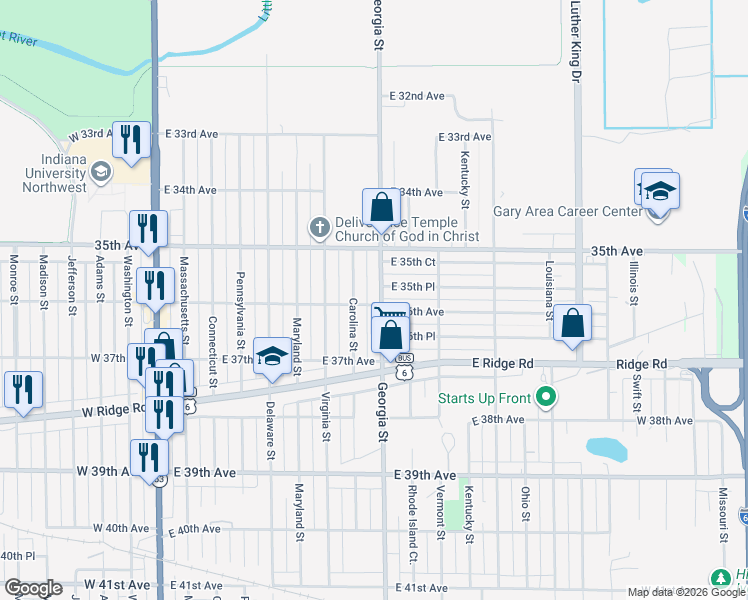 map of restaurants, bars, coffee shops, grocery stores, and more near 3588 Georgia St in Gary