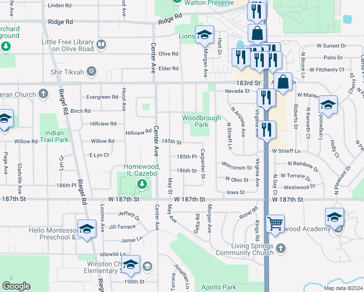 map of restaurants, bars, coffee shops, grocery stores, and more near 1101 185th Street in Homewood
