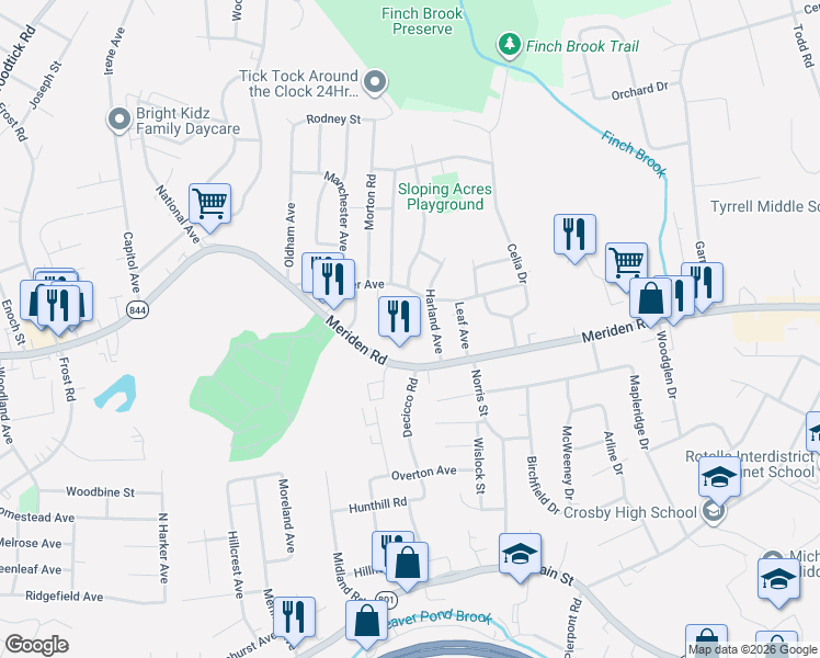 map of restaurants, bars, coffee shops, grocery stores, and more near 975 Meriden Road in Waterbury
