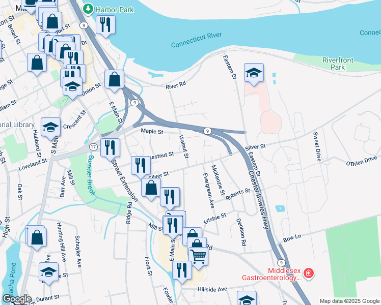 map of restaurants, bars, coffee shops, grocery stores, and more near 8 Walnut Street in Middletown