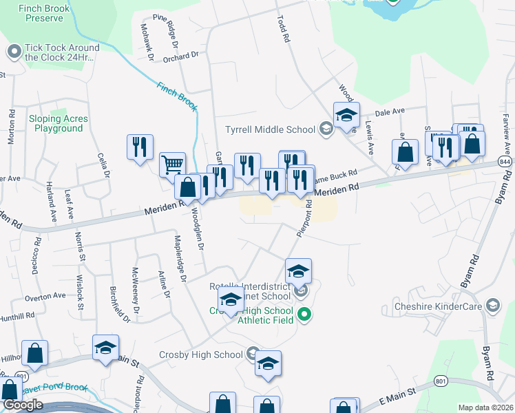 map of restaurants, bars, coffee shops, grocery stores, and more near 84 Wedgewood Drive in Waterbury