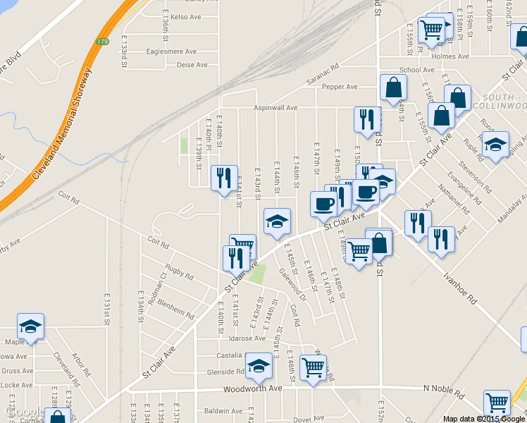 map of restaurants, bars, coffee shops, grocery stores, and more near 960 East 144th Street in Cleveland