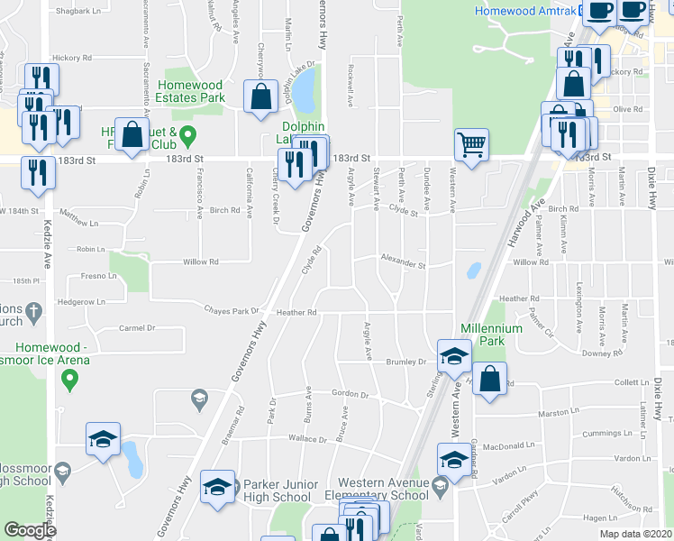 map of restaurants, bars, coffee shops, grocery stores, and more near 18516 Stedhall Road in Homewood