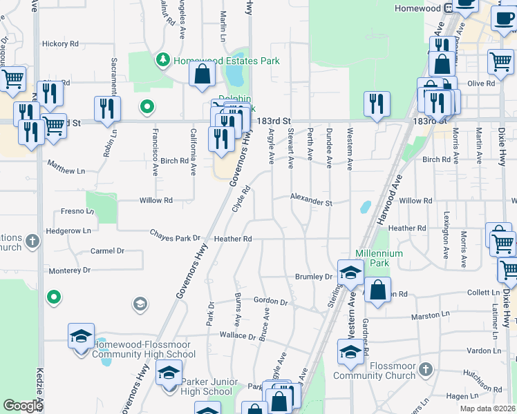 map of restaurants, bars, coffee shops, grocery stores, and more near 18516 Stedhall Road in Homewood