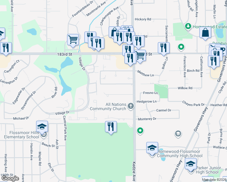 map of restaurants, bars, coffee shops, grocery stores, and more near 3320 185th Place in Homewood