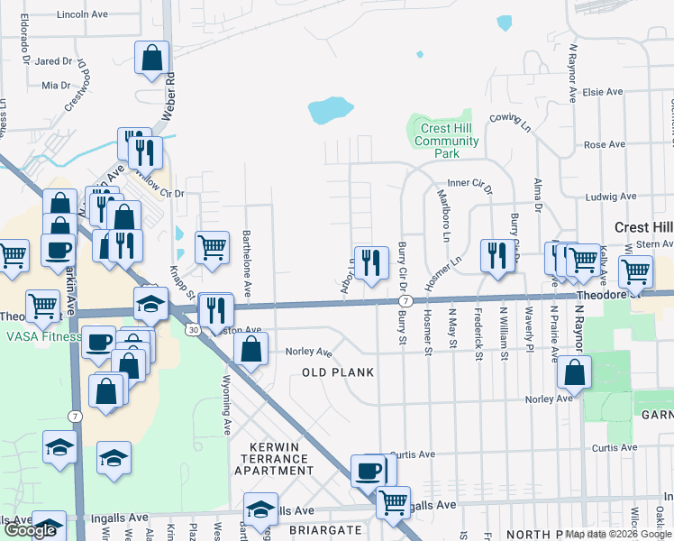 map of restaurants, bars, coffee shops, grocery stores, and more near 1615 Arbor Lane in Crest Hill