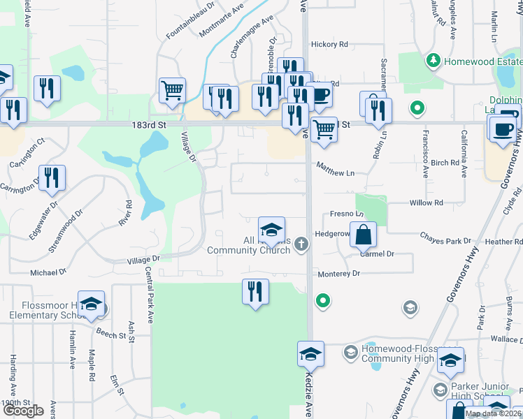 map of restaurants, bars, coffee shops, grocery stores, and more near 3320 185th Place in Homewood