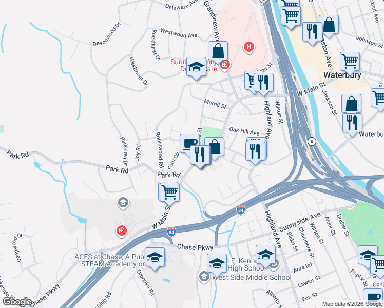 map of restaurants, bars, coffee shops, grocery stores, and more near 1232 West Main Street in Waterbury