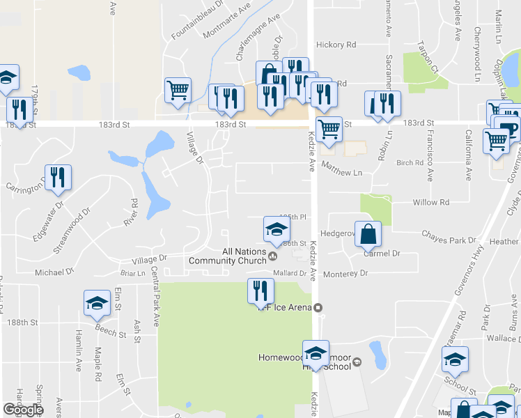 map of restaurants, bars, coffee shops, grocery stores, and more near 3320 185th Place in Homewood