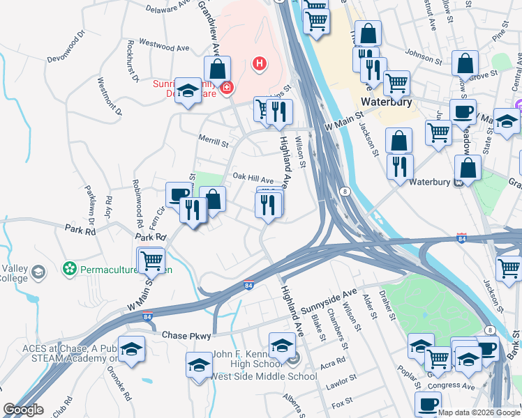 map of restaurants, bars, coffee shops, grocery stores, and more near 146 Highland Avenue in Waterbury