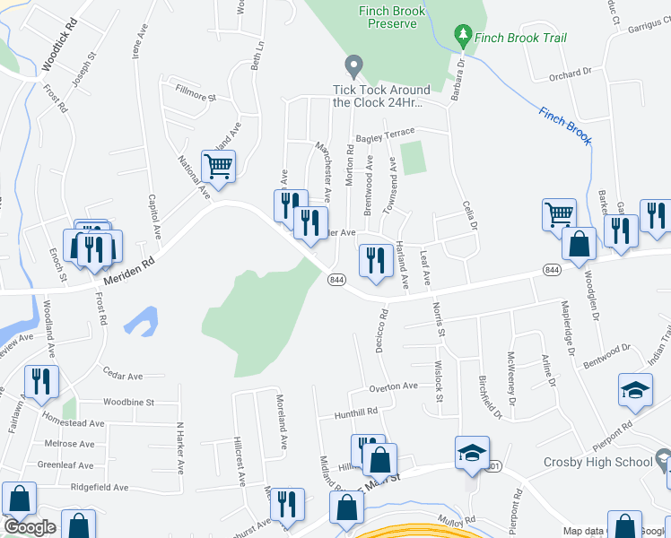 map of restaurants, bars, coffee shops, grocery stores, and more near 935 Meriden Road in Waterbury
