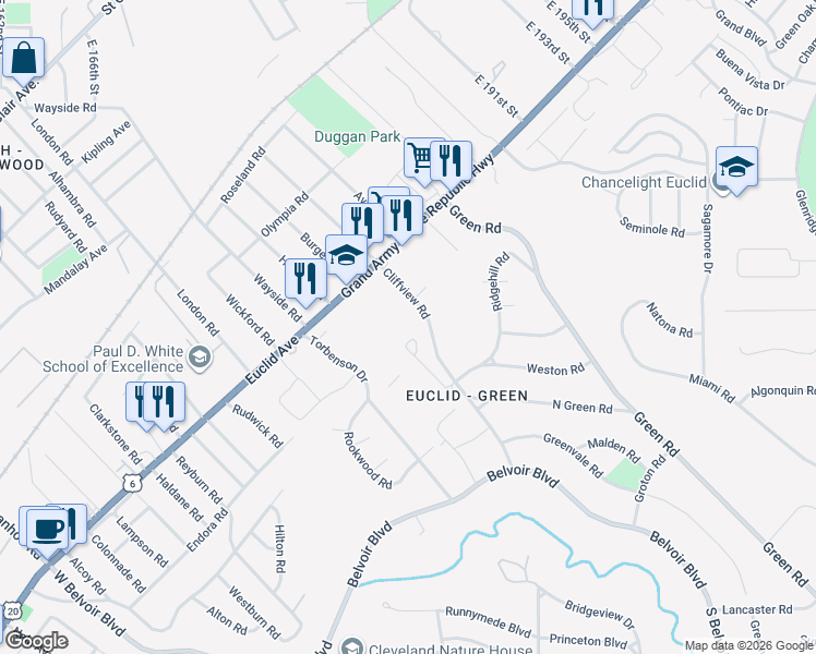 map of restaurants, bars, coffee shops, grocery stores, and more near 1908 Hurston Court in Cleveland