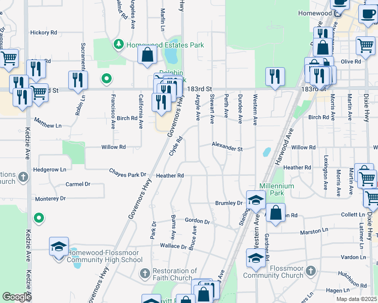 map of restaurants, bars, coffee shops, grocery stores, and more near 18516 Stedhall Road in Homewood
