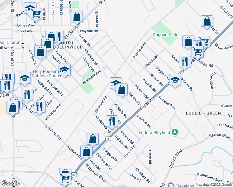 map of restaurants, bars, coffee shops, grocery stores, and more near 17325 Euclid Avenue in Cleveland
