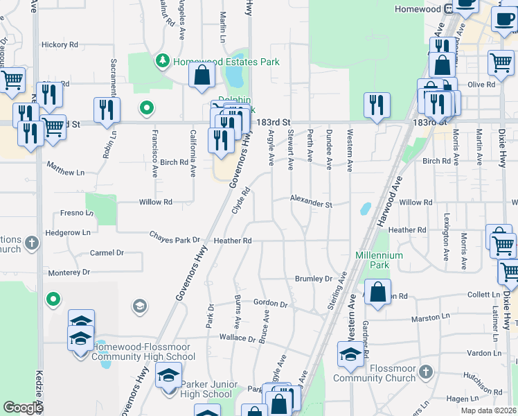 map of restaurants, bars, coffee shops, grocery stores, and more near 18516 Stedhall Road in Homewood