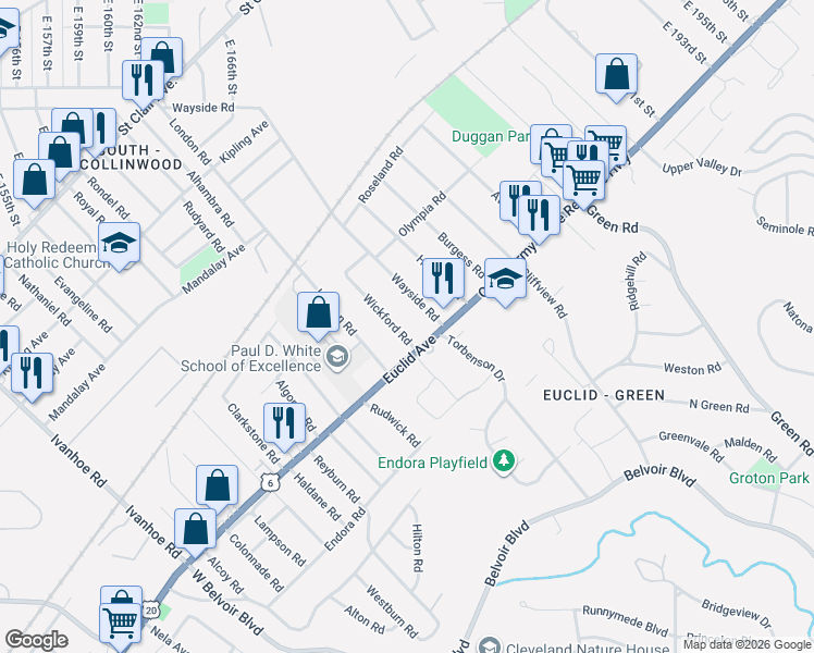 map of restaurants, bars, coffee shops, grocery stores, and more near 17715 Euclid Avenue in Cleveland
