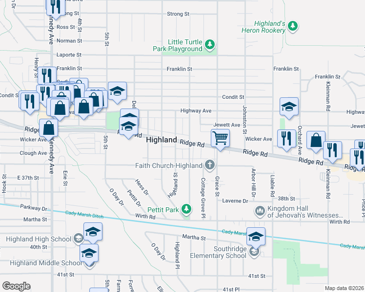 map of restaurants, bars, coffee shops, grocery stores, and more near 8818 Cottage Grove Avenue in Highland