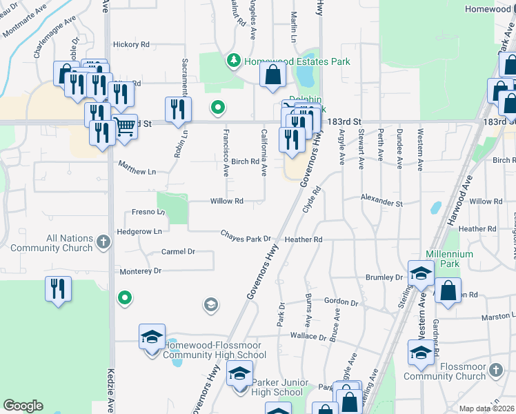 map of restaurants, bars, coffee shops, grocery stores, and more near 2819 Willow Road in Homewood