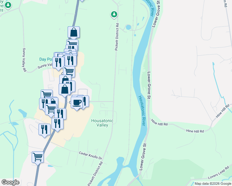 map of restaurants, bars, coffee shops, grocery stores, and more near 83 Pickett District Road in New Milford